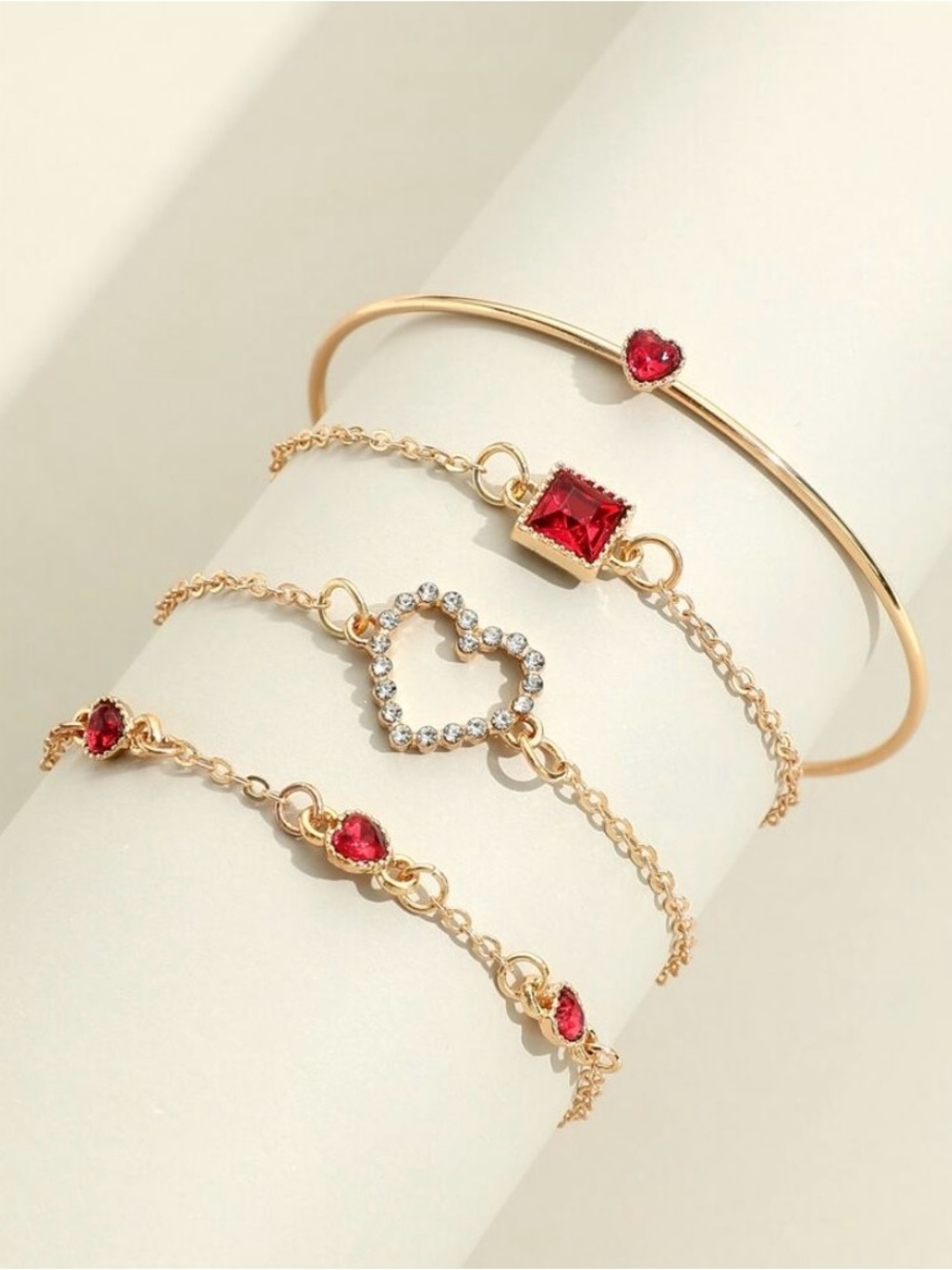 Gold-Plated Red Rhinestone Heart Bracelet Set